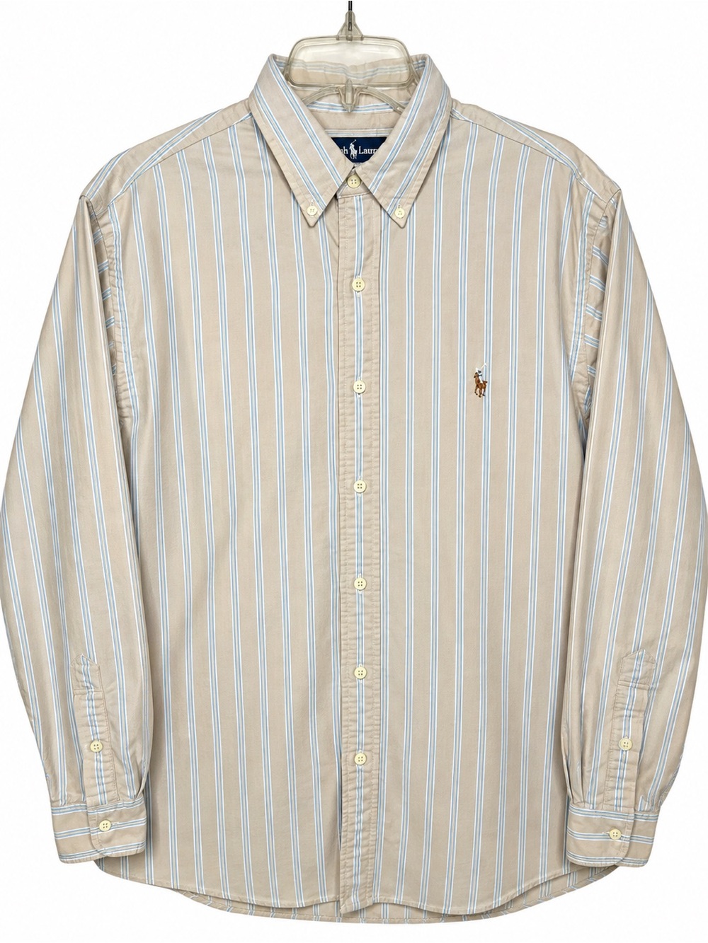 Ralph Lauren Men’s XL Classic Fit Striped Button Down Shirt Tan Blue Pony